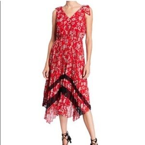 Nanette Lepore floral Ruby Red midi Dress with black lace.